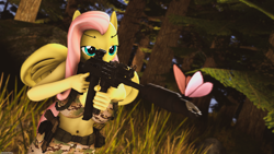 Size: 3840x2160 | Tagged: safe, artist:arcanetesla, fluttershy, butterfly, pegasus, anthro, g4, 3d, ak-74, badass, bedroom eyes, belly button, big breasts, breasts, busty fluttershy, camouflage, cute, flutterbadass, forest, high res, snipershy, solo, source filmmaker, tactical, weapon