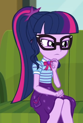 Size: 333x497 | Tagged: safe, screencap, sci-twi, twilight sparkle, equestria girls, g4, my little pony equestria girls: better together, text support, text support: sunset shimmer, cropped, solo