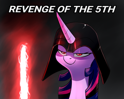 Size: 1280x1024 | Tagged: safe, artist:underpable, edit, twilight sparkle, alicorn, pony, dark side, darth vader, evil, female, lightsaber, may the fourth be with you, pun, revenge of the 5th, sassy, sith, slit pupils, snake eyes, solo, star wars, star wars: revenge of the sith, text, twilight is anakin, twilight sparkle (alicorn), weapon