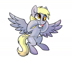 Size: 1750x1500 | Tagged: safe, artist:handgunboi, derpy hooves, pegasus, pony, g4, :p, chest fluff, cute, derpabetes, female, hooves on cheeks, mare, palindrome get, signature, simple background, solo, spread wings, tongue out, watermark, white background, wings