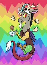 Size: 1500x2100 | Tagged: safe, artist:dawn-designs-art, discord, draconequus, g4, abstract background, cucumber, cucumber sandwiches, cup, cute, digital art, floating, food, rainbow, sandwich, solo, tea, teacup