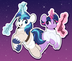 Size: 3662x3148 | Tagged: safe, artist:partypievt, shining armor, twilight sparkle, pony, unicorn, g4, belt, blaster, brother and sister, clothes, cosplay, costume, duo, female, glowing horn, gun, hair bun, high res, horn, levitation, lightsaber, looking at each other, luke skywalker, magic, male, mare, may the fourth be with you, older male, open mouth, open smile, princess leia, siblings, smiling, space, stallion, star wars, sweat, sweatdrop, telekinesis, unicorn twilight, unshorn fetlocks, weapon, younger female