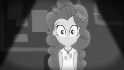 Size: 3410x1920 | Tagged: safe, screencap, pinkie pie, equestria girls, equestria girls series, g4, rarity investigates: the case of the bedazzled boot, :|, black and white, clothes, cutie mark, cutie mark on clothes, female, geode of sugar bombs, grayscale, hairband, jewelry, magical geodes, monochrome, necklace, rarity investigates (eqg): pinkie pie, solo, tank top