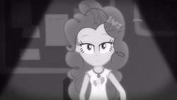 Size: 3410x1920 | Tagged: safe, screencap, pinkie pie, equestria girls, equestria girls series, g4, rarity investigates: the case of the bedazzled boot, black and white, clothes, cutie mark, cutie mark on clothes, female, geode of sugar bombs, grayscale, jewelry, lidded eyes, magical geodes, monochrome, necklace, rarity investigates (eqg): pinkie pie, solo, tank top