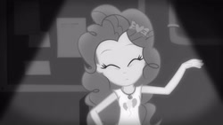 Size: 3410x1920 | Tagged: safe, screencap, pinkie pie, equestria girls, g4, my little pony equestria girls: better together, rarity investigates: the case of the bedazzled boot, rarity investigates: the case of the bedazzled boot: pinkie pie, black and white, clothes, cutie mark, cutie mark on clothes, eyes closed, female, geode of sugar bombs, grayscale, jewelry, magical geodes, monochrome, necklace, solo, tank top