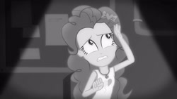 Size: 3410x1920 | Tagged: safe, screencap, pinkie pie, equestria girls, equestria girls series, g4, rarity investigates: the case of the bedazzled boot, black and white, clothes, cutie mark, cutie mark on clothes, female, geode of sugar bombs, grayscale, jewelry, looking up, magical geodes, monochrome, necklace, rarity investigates (eqg): pinkie pie, solo, tank top