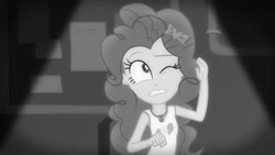 Size: 3410x1920 | Tagged: safe, screencap, pinkie pie, equestria girls, equestria girls series, g4, rarity investigates: the case of the bedazzled boot, black and white, clothes, cutie mark, cutie mark on clothes, female, geode of sugar bombs, grayscale, jewelry, magical geodes, monochrome, necklace, noire, one eye closed, rarity investigates (eqg): pinkie pie, solo, tank top