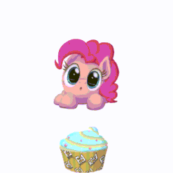 Size: 1280x1280 | Tagged: safe, artist:phoenixrk49, pinkie pie, earth pony, pony, g4, :o, animated, behaving like a cat, cupcake, cute, diapinkes, eating, eyes closed, food, gif, happy, it's coming right at us, jumping, open mouth, open smile, perfect loop, pounce, simple background, smiling, solo, white background