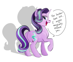 Size: 1948x1640 | Tagged: safe, anonymous artist, artist:glacierclear, color edit, edit, starlight glimmer, pony, unicorn, butt, colored, dialogue, female, glimmer glutes, looking back, mare, open mouth, plot, raised hoof, sassy, shadow, simple background, solo, speech bubble, white background