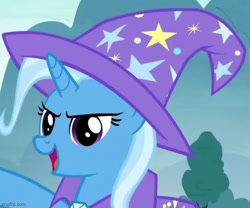 Size: 600x500 | Tagged: safe, screencap, trixie, pony, unicorn, g4, road to friendship, season 8, cape, clothes, cropped, hat, open mouth, open smile, smiling, trixie's cape, trixie's hat