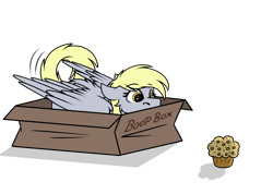 Size: 1152x821 | Tagged: safe, alternate character, alternate version, artist:rokosmith26, part of a set, derpy hooves, pegasus, pony, g4, behaving like a cat, boop box, box, butt fluff, cheek fluff, commission, cute, derpabetes, eyes on the prize, female, floppy ears, fluffy, food, if i fits i sits, imminent pounce, looking at something, lying down, mare, muffin, part of a series, pony in a box, roko's hunting ponies, simple background, solo, tail, text, that pony sure does love muffins, transparent background, wings, ych result