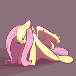 Size: 2048x2048 | Tagged: safe, artist:pfeffaroo, fluttershy, pegasus, pony, g4, eyes closed, female, floppy ears, getting up, high res, mare, simple background, solo, straining, teary eyes, three quarter view, wings