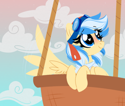 Size: 2682x2267 | Tagged: safe, artist:emberslament, oc, oc only, oc:easy breezy, pegasus, pony, midair pony fair, blushing, clothes, cloud, cute, female, flapping wings, goggles, happy, heart eyes, high res, hot air balloon, leaning, lineless, looking up, mare, mascot, ocbetes, scarf, smiling, solo, spread wings, waving, wing fluff, wing gesture, wing hands, wing wave, wingding eyes, wings