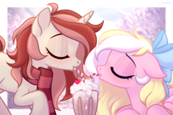 Size: 3000x2000 | Tagged: safe, artist:sparkling_light, oc, oc only, oc:bay breeze, oc:red palette, pegasus, pony, unicorn, blushing, bow, clothes, cute, eyes closed, female, hair bow, high res, lesbian, mare, milkshake, scarf, sharing a drink, shipping
