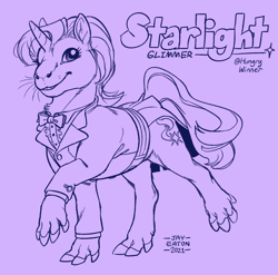 Size: 1280x1266 | Tagged: safe, artist:jayrockin, starlight glimmer, pony, unicorn, tiny sapient ungulates, g4, bowtie, cheek fluff, clothes, cute, ear fluff, female, finger hooves, glimmerbetes, grin, horn, leg fluff, lineart, mare, monochrome, neck fluff, purple background, raised leg, simple background, smiling, solo, suit, toes, tuxedo, whiskers