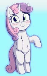 Size: 1038x1668 | Tagged: safe, artist:heretichesh, sweetie belle, pony, unicorn, g4, belly button, bipedal, blushing, chubbie belle, chubby, cute, diasweetes, featureless crotch, female, filly, legs together, looking at you, pubic mound, simple background, solo, standing on two hooves