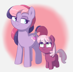 Size: 1665x1647 | Tagged: safe, artist:heretichesh, cheerilee, mom cheerilee-scootaloo, earth pony, pony, g3, g3.5, g4, female, filly, filly cheerilee, g3.5 to g4, generation leap, mare, mother and child, mother and daughter, simple background, younger