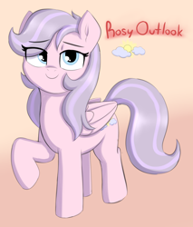 Size: 1968x2307 | Tagged: safe, artist:heretichesh, oc, oc:rosy outlook, pegasus, pony, female, looking at you, mare, raised hoof, simple background, solo