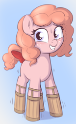Size: 1100x1774 | Tagged: safe, artist:heretichesh, oc, oc:peachy keen, earth pony, pony, balancing, bow, female, filly, freckles, nervous, simple background, solo, stilts, sweat