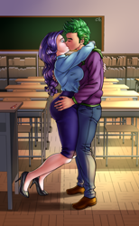 Size: 900x1462 | Tagged: safe, artist:pia-sama, artist:str1ker878, rarity, spike, human, g4, alternate universe, breasts, busty rarity, butt touch, chalkboard, classroom, clothes, desk, eyes closed, fanfic, fanfic art, female, hand on butt, high heels, hoodie, hot for teacher, human spike, humanized, kiss on the lips, kissing, male, older, older spike, school, school uniform, ship:sparity, shipping, shoes, straight, sweatshirt, teacher and student