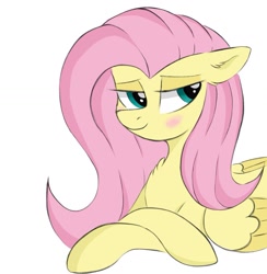 Size: 1143x1173 | Tagged: safe, artist:kusturbrick, fluttershy, pegasus, pony, g4, blushing, bust, chest fluff, crossed hooves, cute, daaaaaaaaaaaw, female, floppy ears, folded wings, looking back, lying down, mare, portrait, prone, shyabetes, simple background, smiling, solo, three quarter view, white background, wings
