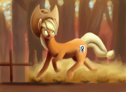Size: 2200x1600 | Tagged: safe, artist:srbolsa, applejack, pony, fall weather friends, g4, running, running of the leaves, solo