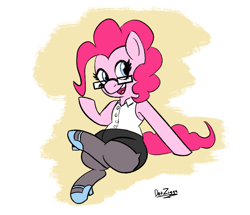 Size: 2475x2131 | Tagged: safe, artist:datzigga, pinkie pie, earth pony, pony, g4, businessmare, clothes, female, glasses, high heels, high res, mare, pencil skirt, shoes, skirt, solo, stockings, thigh highs
