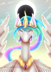 Size: 1024x1434 | Tagged: safe, artist:ravennocturna, princess celestia, alicorn, pony, g4, bust, eclipse, eyes closed, female, glowing horn, horn, mare, solo, spread wings, wings