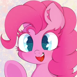 Size: 2048x2048 | Tagged: safe, artist:zokkili, pinkie pie, earth pony, pony, g4, colored eyelashes, cute, diapinkes, ear fluff, happy, high res, hooves, looking at you, open mouth, open smile, simple background, smiling, smiling at you, solo
