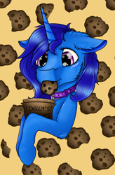 Size: 720x1100 | Tagged: safe, artist:ginnythequeen, oc, oc only, oc:delly, pony, unicorn, collar, cookie, food, solo
