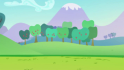 Size: 1280x720 | Tagged: safe, screencap, g4, the mane attraction, apple, apple tree, background, day, hill, mountain, no pony, scenic ponyville, tree