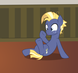 Size: 2534x2390 | Tagged: safe, artist:badumsquish, derpibooru exclusive, star tracker, earth pony, pony, g4, confused, cute, dreamworks face, freckles, high res, looking down, male, raised hoof, show accurate, sitting, solo, stallion, trackerbetes, wat