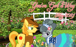 Size: 2064x1279 | Tagged: safe, anonymous artist, braeburn, marble pie, earth pony, pony, g4, boutonnière, braeble, clothes, cowboy hat, dress, female, flower, flower in hair, garden, hat, lyrics in the description, male, shipping, shirt, smiling, song reference, spring, straight, youtube link in the description