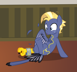 Size: 2534x2390 | Tagged: safe, artist:badumsquish, derpibooru exclusive, star tracker, earth pony, harpy, monster pony, original species, pony, g4, bracelet, confused, dreamworks face, feather, freckles, glowing, high res, jewelry, looking down, male, mid-transformation, raised hoof, runes, show accurate, sitting, solo, species swap, stallion, talon, transformation