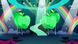 Size: 1280x720 | Tagged: safe, screencap, g4, the mane attraction, apple, background, disco ball, food, no pony, projector, rainbow, scene, scenic ponyville, stairs