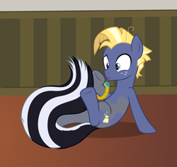 Size: 2534x2390 | Tagged: safe, artist:badumsquish, derpibooru exclusive, star tracker, earth pony, monster pony, original species, pony, skunk, skunk pony, g4, bracelet, confused, dreamworks face, freckles, glowing, high res, jewelry, looking down, male, mid-transformation, raised hoof, show accurate, sitting, skunkified, solo, species swap, stallion, transformation