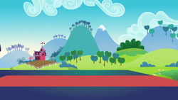 Size: 1280x720 | Tagged: safe, screencap, g4, the mane attraction, apple, apple tree, background, cloud, day, hill, mountain, no pony, scene, scenic ponyville, tree