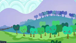 Size: 1280x720 | Tagged: safe, screencap, g4, the mane attraction, apple, apple tree, background, cloud, day, hill, mountain, no pony, scenery, scenic ponyville, tree