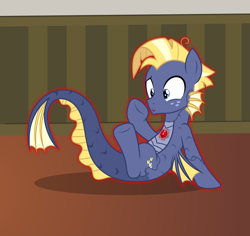 Size: 2534x2390 | Tagged: safe, artist:badumsquish, derpibooru exclusive, star tracker, earth pony, pony, siren, g4, confused, dreamworks face, fins, freckles, gem, glowing, high res, looking down, male, mid-transformation, raised hoof, show accurate, siren gem, sirenified, sitting, solo, species swap, stallion, transformation