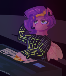 Size: 1220x1396 | Tagged: safe, artist:pigeorgien, pipp petals, pegasus, pony, g5, adorapipp, bust, clothes, cute, diadem, female, flapper, headset, keyboard, kraftwerk, looking away, mare, microphone, musical instrument, parody, serious, serious face, solo, suit, synthesizer, three quarter view, unshorn fetlocks, wings