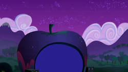 Size: 1280x720 | Tagged: safe, screencap, g4, the mane attraction, apple, apple tree, background, cloud, hill, night, no pony, scene, scenic ponyville, tree