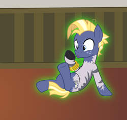 Size: 2534x2390 | Tagged: safe, artist:badumsquish, derpibooru exclusive, star tracker, earth pony, pony, zebra, g4, bracelet, confused, dreamworks face, freckles, glowing, high res, jewelry, looking down, male, mid-transformation, race swap, raised hoof, show accurate, sitting, solo, species swap, stallion, transformation, zebrafied
