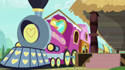 Size: 1280x720 | Tagged: safe, screencap, g4, surf and/or turf, background, day, friendship express, no pony, ponyville, ponyville train station, scenic ponyville, train, train station