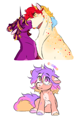 Size: 772x1143 | Tagged: safe, artist:halfcrazydaisy, oc, oc:hill sprint, oc:page turner, oc:raydience, earth pony, pony, unicorn, body freckles, eye clipping through hair, female, filly, floppy ears, freckles, gay, height difference, kissing, magical gay spawn, magical lesbian spawn, male, oc x oc, offspring, parent:applejack, parent:oc:hill sprint, parent:oc:page turner, parent:rainbow dash, parent:tempest shadow, parent:twilight sparkle, parents:appledash, parents:oc x oc, parents:tempestlight, shipping, simple background, sitting, stallion, white background