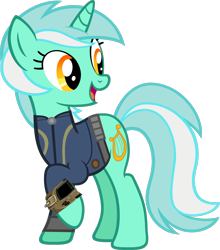 Size: 1280x1457 | Tagged: safe, artist:moongazeponies, artist:php170, edit, edited screencap, screencap, lyra heartstrings, pony, unicorn, fallout equestria, g4, clothes, cute, fallout, female, jumpsuit, lyrabetes, not a vector, open mouth, pipboy, raised hoof, simple background, solo, transparent background, vault suit, vector