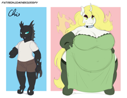 Size: 1155x892 | Tagged: safe, artist:nekocrispy, oc, oc:aurora industry (ic), changeling, anthro, unguligrade anthro, arthropod, belly, big belly, big breasts, breasts, chunkling, clothes, collar, dress, equine, fat, female, flag, green eyes, huge breasts, male to female, morbidly obese, obese, pride, pride flag, rule 63, simple background, trans female, transgender, transgender pride flag, transition, weight gain, white changeling, wide hips