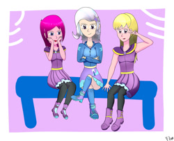 Size: 1280x1037 | Tagged: safe, alternate version, artist:film77asq, fuchsia blush, lavender lace, trixie, human, equestria girls, g4, hands on cheeks, human coloration, looking at you, peace sign, sitting, trixie and the illusions