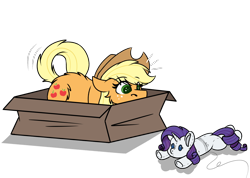 Size: 1152x821 | Tagged: safe, alternate character, alternate version, artist:rokosmith26, part of a set, applejack, rarity, earth pony, pony, g4, bait, behaving like a cat, box, butt fluff, cheek fluff, commission, commissioner:raritybro, cowboy hat, cute, eyes on the prize, female, floppy ears, fluffy, freckles, hat, if i fits i sits, imminent pounce, implied lesbian, implied rarijack, implied shipping, jackabetes, looking at something, lying down, mare, part of a series, plushie, pony in a box, roko's hunting ponies, simple background, solo, string, tail, toy, transparent background, ych result