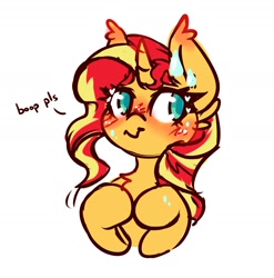 Size: 1841x1861 | Tagged: safe, artist:ruef, sunset shimmer, pony, unicorn, g4, blushing, boop request, bust, chest fluff, cute, ear blush, ear fluff, female, heart, imminent boop, mare, shimmerbetes, solo, sweat, sweatdrop