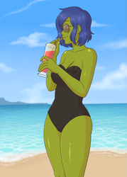 Size: 2013x2816 | Tagged: safe, artist:rapps, oc, oc only, oc:rally flag, oc:sky pennant, equestria girls, g4, beach, blue hair, breasts, cleavage, clothes, cocktail, drink, drinking, drinking straw, female, green skin, happy, high res, looking sideways, one-piece swimsuit, outdoors, rule 63, sand, scar, shiny hair, shiny skin, short hair, smiling, solo, sunglasses, swimsuit, water